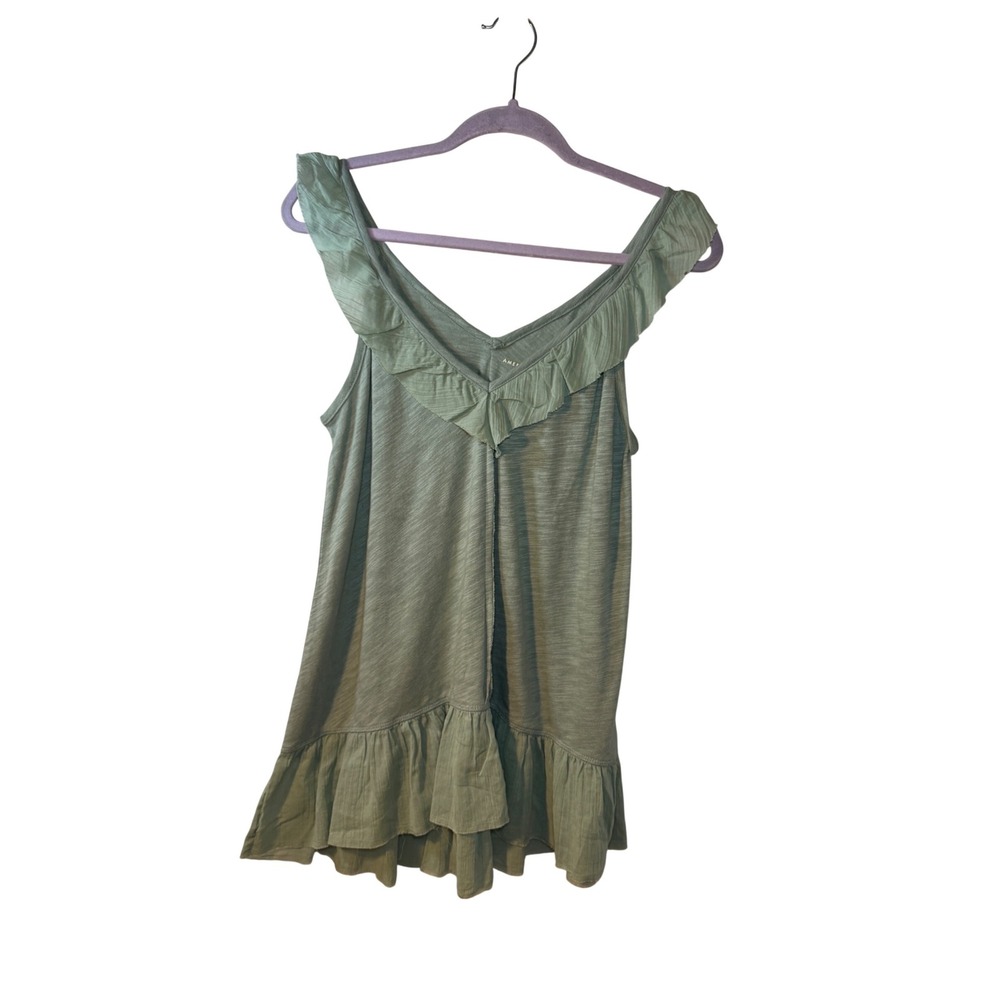 American Eagle Sage Green Ruffle Peplum Tank Top Slub Knit V-Neck Sleeveless‎ L